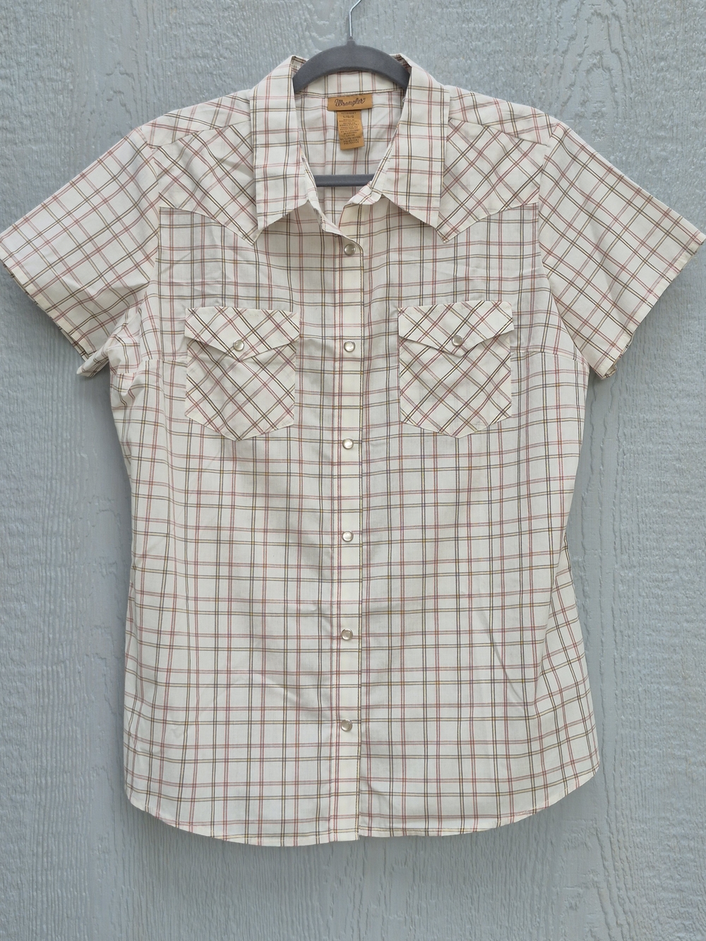 WRANGLER Women’s Western Snap Plaid Shirt COTTON Blend Cream Short Sleeve Size L